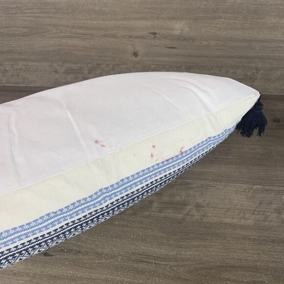 Lumbar Throw Pillow White Blue Boho Waterfowl Feather Striped Tasseled 16" x 24" - Picture 12 of 12